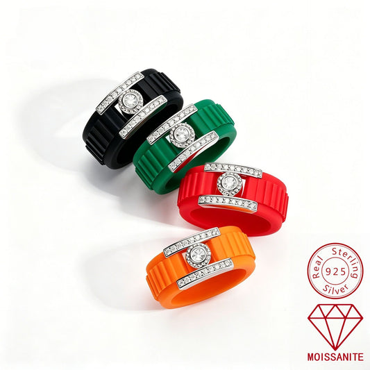 Moissanite Silicone Ring with 925 Silver Accent, Unisex Statement Band