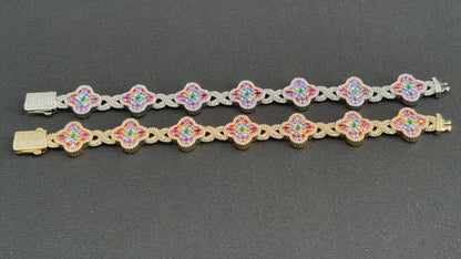 Multicolor Clover Crystal Bracelet for Women, Pave Floral Link Bracelet