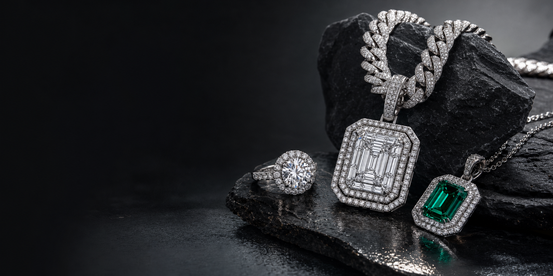 Moissanite ring, iced-out chain, and colored gemstone jewelry styled for JwlzHub